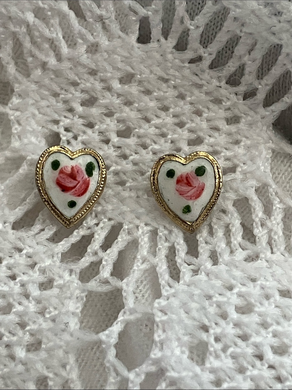 Vintage guilloche enamel rose heart stud earrings